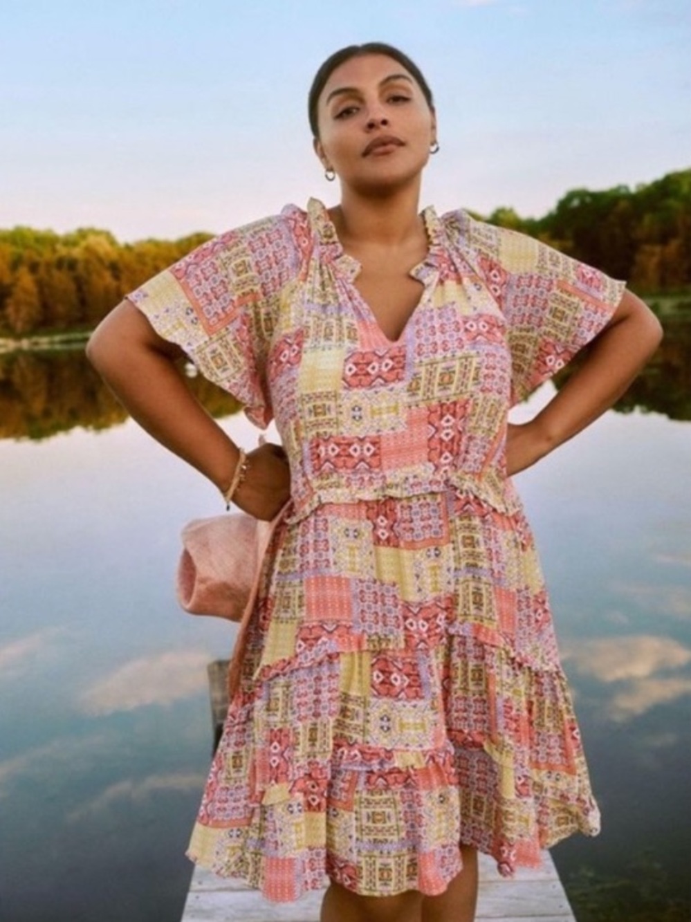 Anthropologie Patchwork Midi Dress in Pink and Cream